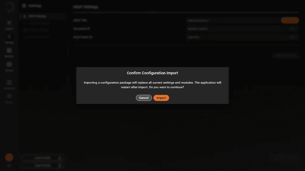 HEAT Capture confirmation warning that a configuration import replaces all current settings and modules.