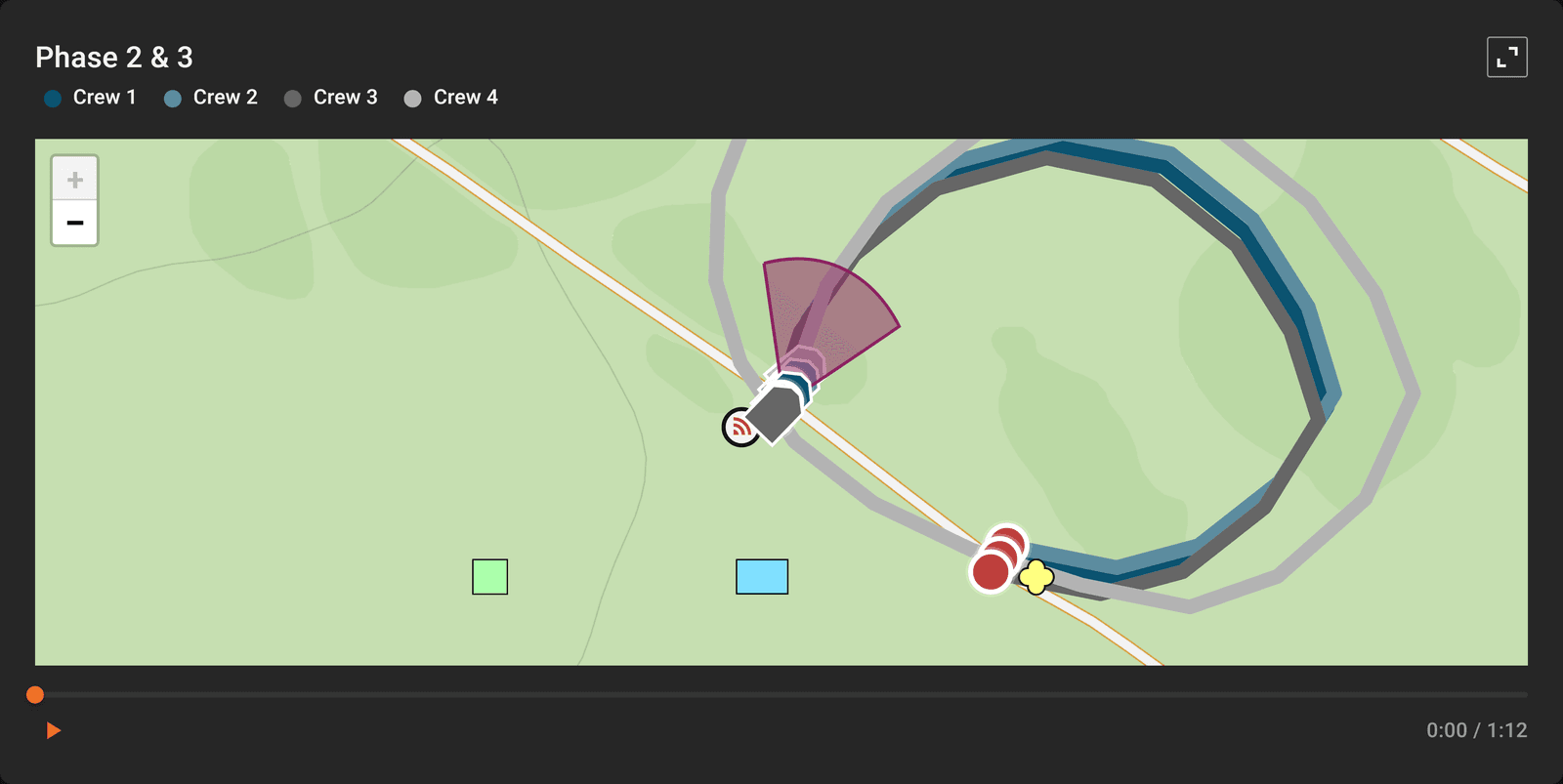 A map with crew routes, a sensor cone and a scrubber