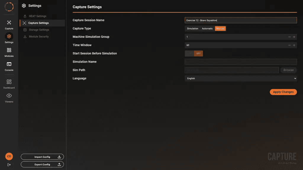 Capture Settings page with the session name field, capture type, machine simulation group, time window and language.