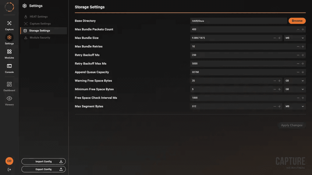 HEAT Capture Storage Settings showing the default bundle, retry, queue and free-space values.